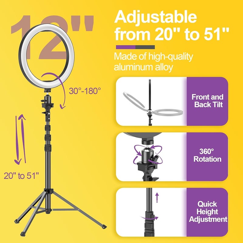 EMART 12" Ring Light with 55" Extendable Tripod Stands and Phone Holder, Dimmable LED Circle Round Light for Selfie Camera Photography/Makeup/YouTube Video/Vlogging/Live Streaming - Image 3